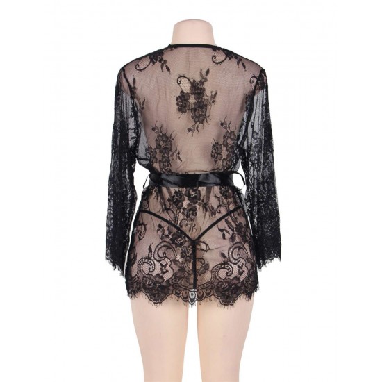 Plus Size Black Delicate Lace Sleepwear Gown