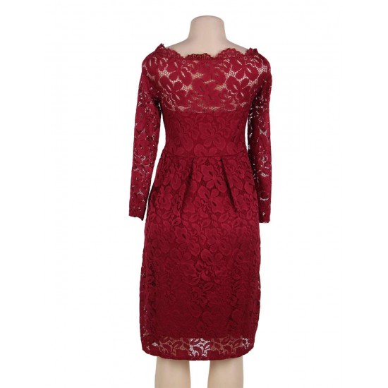 Red Lace Long Sleeve Off Shoulder Dress