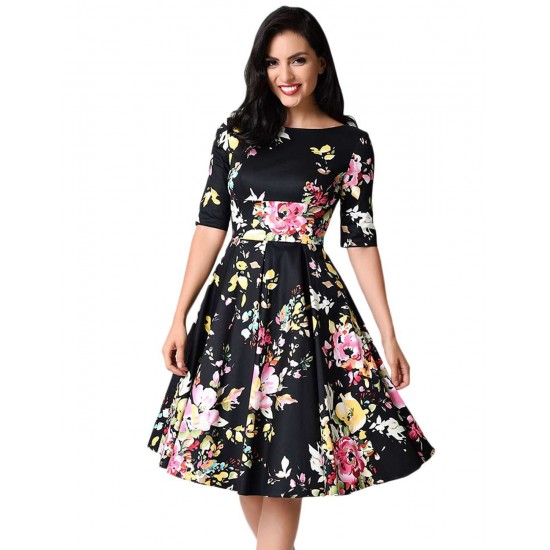 Half Sleeve Black Vintage Style Floral Swing Dress