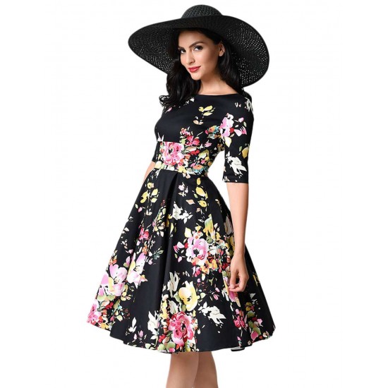 Half Sleeve Black Vintage Style Floral Swing Dress