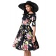 Half Sleeve Black Vintage Style Floral Swing Dress