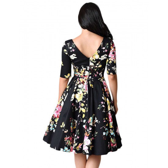 Half Sleeve Black Vintage Style Floral Swing Dress