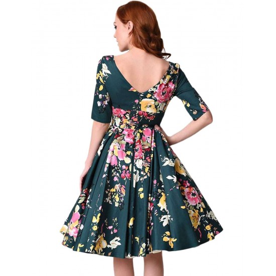 Half Sleeve Jasper Vintage Style Floral Swing Dress