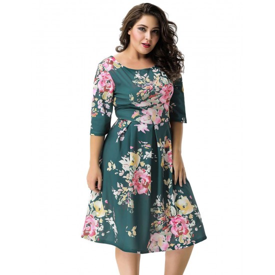 Plus Size Green Printing Fashion Dress