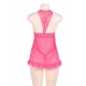 Halter  Pink Sheer Mesh Lace Lingerie Set