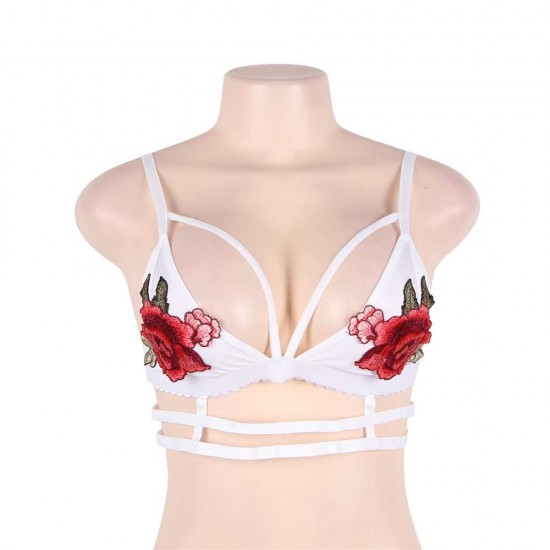 Rose Embroidery White Double Caged Bralette