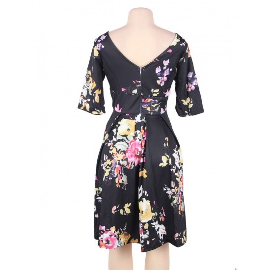 Half Sleeve Black Vintage Style Floral Swing Dress