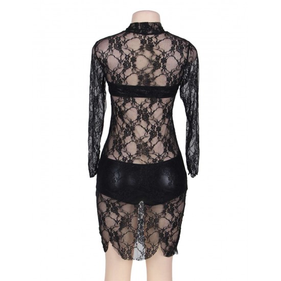 High Neck Black Lace Long Sleeve Lingerie Set