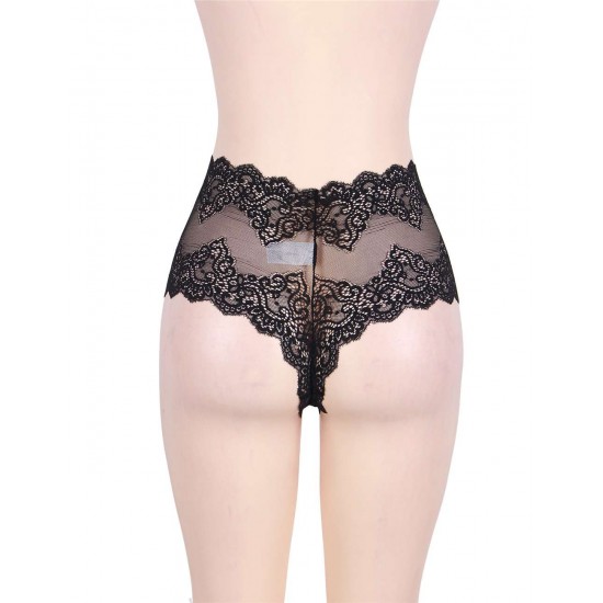 Plus Size Sexy High Waist Floral Lace Black Panty