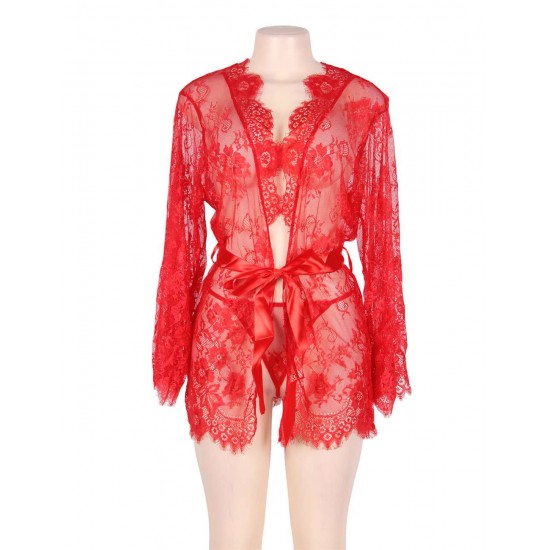 Plus Size Red Belted Lace Eyelash Sleepwear Gown