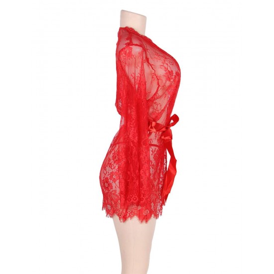 Plus Size Red Belted Lace Eyelash Sleepwear Gown