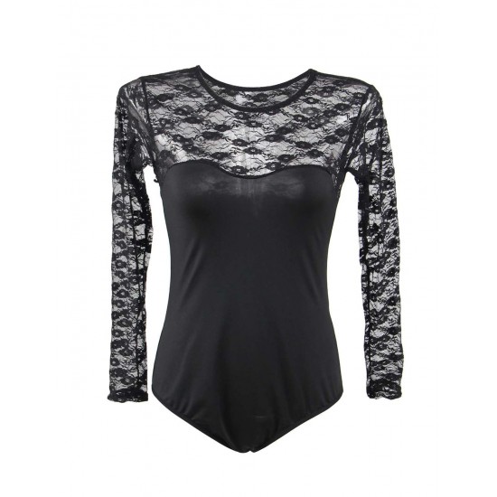 One Piece Long Sleeve Black Lace Teddy