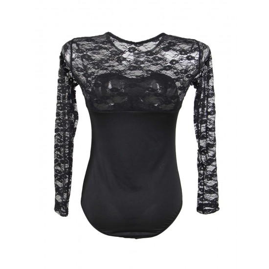 One Piece Long Sleeve Black Lace Teddy