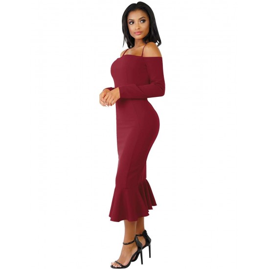 Ruffle Off-Shoulder Midi Dark Red Bodycon Dress