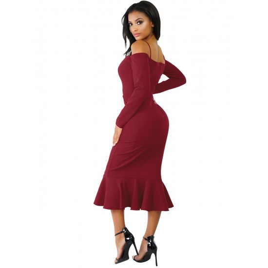 Ruffle Off-Shoulder Midi Dark Red Bodycon Dress