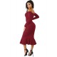 Ruffle Off-Shoulder Midi Dark Red Bodycon Dress