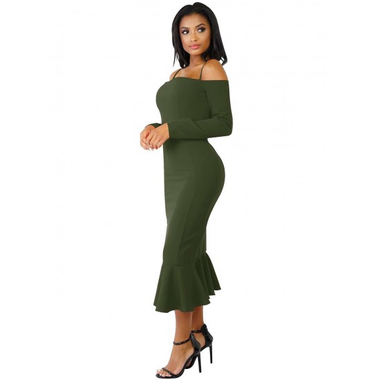 Ruffle Off-Shoulder Midi Dark Green Bodycon Dress