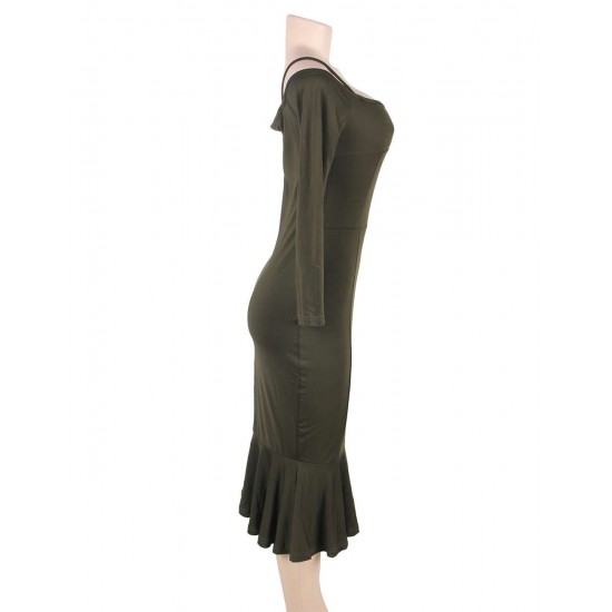 Ruffle Off-Shoulder Midi Dark Green Bodycon Dress