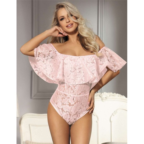 Dreamy Pink Lace Ruffle Off Shoulder Teddy