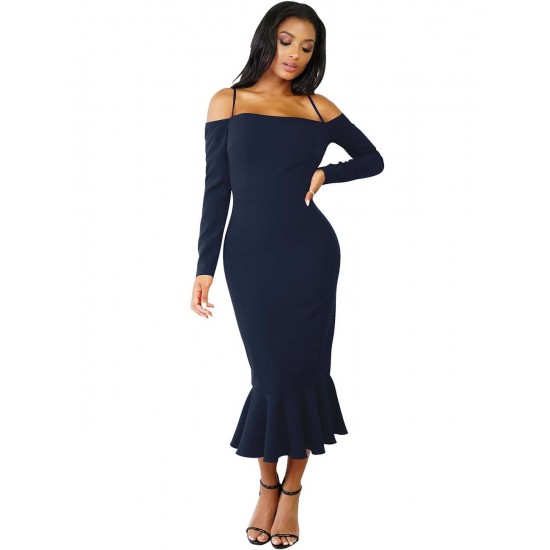 Ruffle Off-Shoulder Midi Dark Blue Bodycon Dress