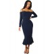 Ruffle Off-Shoulder Midi Dark Blue Bodycon Dress