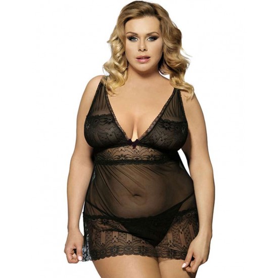 Black Plus Size V Neck Transparent Floral Lace Babydoll