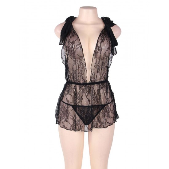 Black lace deep V Babydoll