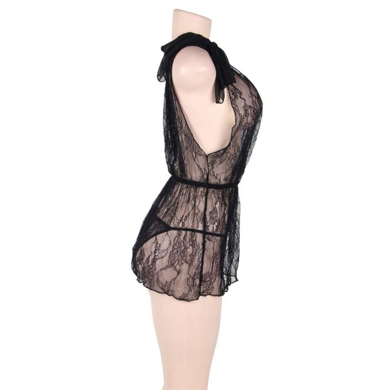 Black lace deep V Babydoll