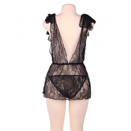 Plus Size Black lace deep V Babydoll