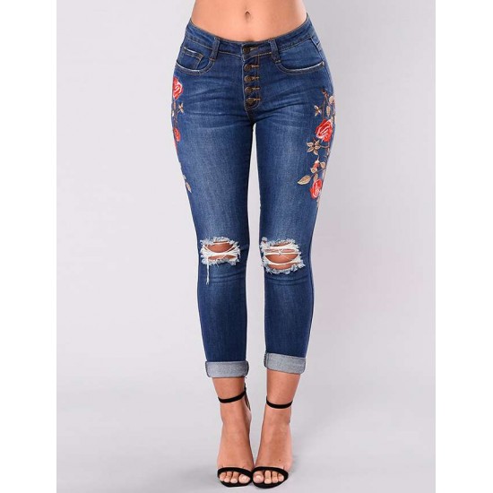 Plus Size Top Design Embroidery  Ripped Women Jeans 