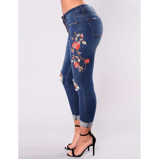 Plus Size Top Design Embroidery  Ripped Women Jeans 