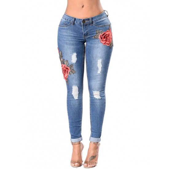 Plus Size Top Design Embroidery  Ripped Women Jeans 