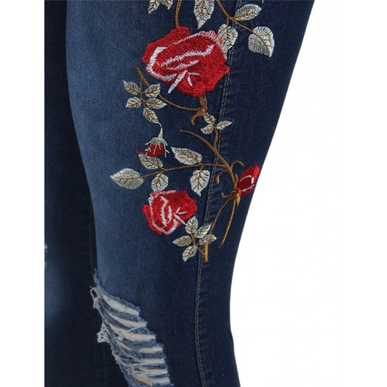 Top Design Embroidery  Ripped Women Jeans 