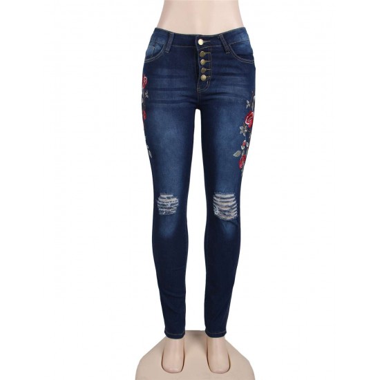 Plus Size Top Design Embroidery  Ripped Women Jeans 