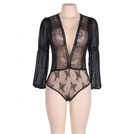 Exquisite Black Lace Sleeve Teddy