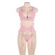 Plus Size Seductive Pink 3 Piece Delicate Lace Bra Garter Set