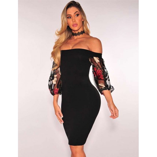 Black Off-Shoulder Embroidery Bodycon Dress