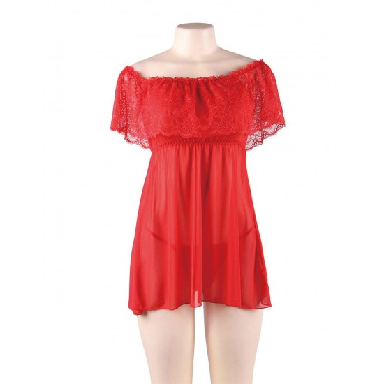 Valentine's Day Style Red Off-Shoulder Lace Sexy Babydoll