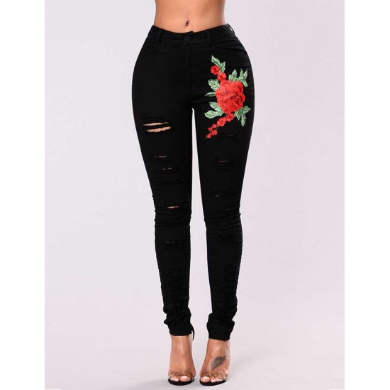 Plus Size Top Design Embroidery  Ripped Women Jeans 