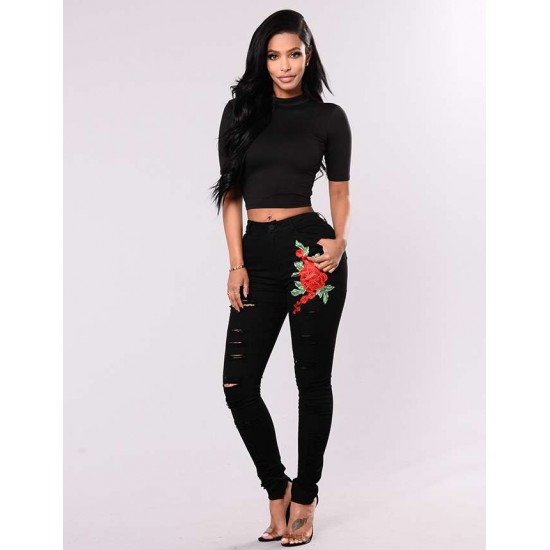 Plus Size Top Design Embroidery  Ripped Women Jeans 