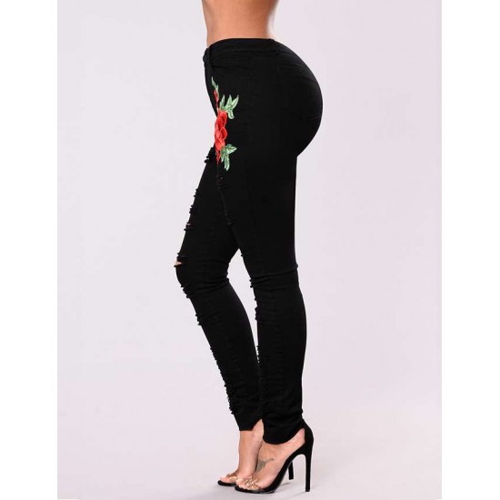 Plus Size Top Design Embroidery  Ripped Women Jeans 