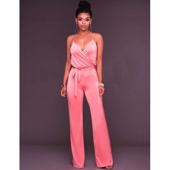 Pink Wide Leg Halter Jumpsuit