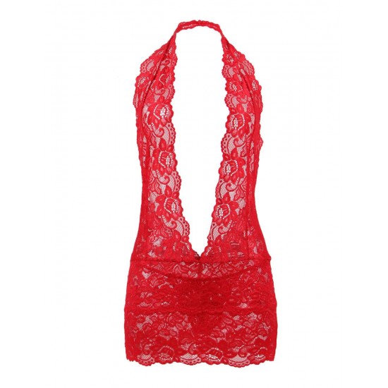 Valentine's Day Red lace Deep V Collar Chemise Dress