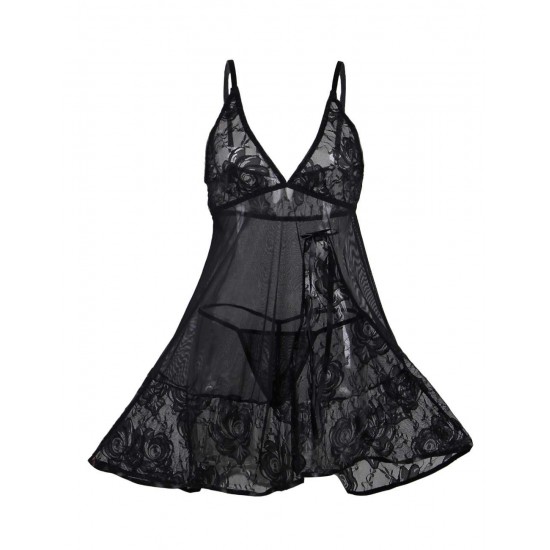 Floral Soft Lace Apron Chemise With Thong