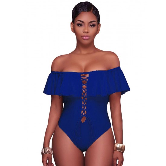 Blue Ruffle Off-The-Shoulder One Piece Swimsuit