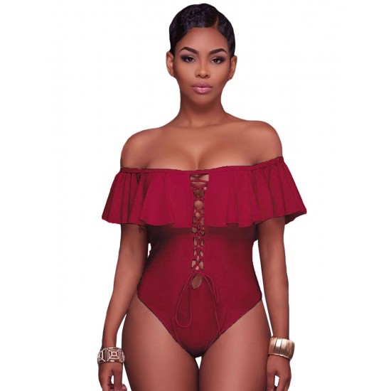 Red Ruffle Off-The-Shoulder One Piece Swimsuit