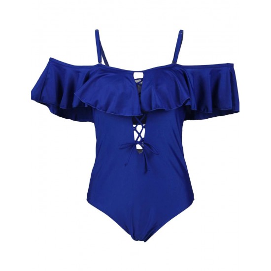 Blue Ruffle Off-The-Shoulder One Piece Swimsuit