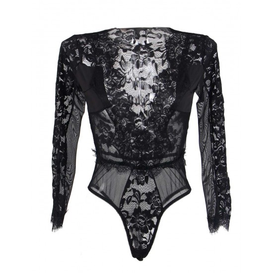 Plus Size Black Eyelashes Lace Open-chest Long-sleeved Teddy