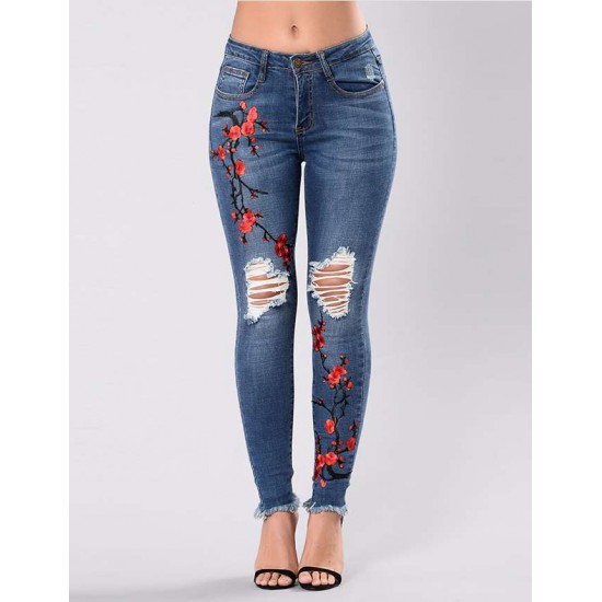 Top Design Embroidery Ripped Women Jeans