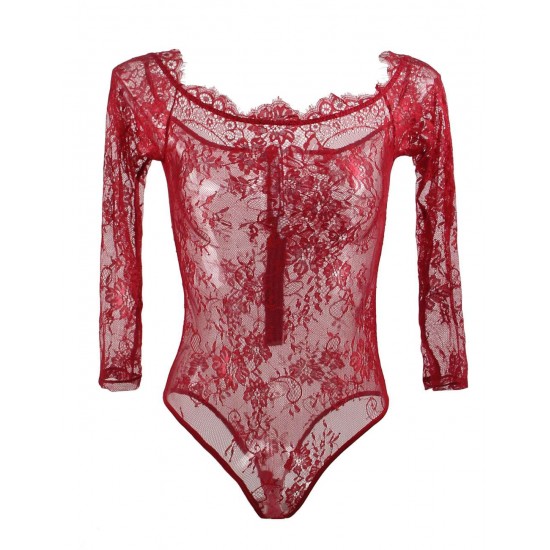 Plus Size Red Eyelashes Lace  Long-sleeved Teddy